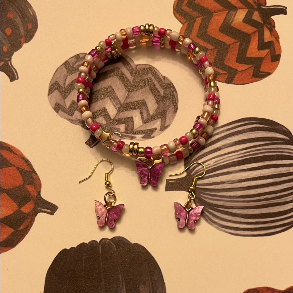 Hand Crafted Pink and Gold Butterfly Bracelet Set